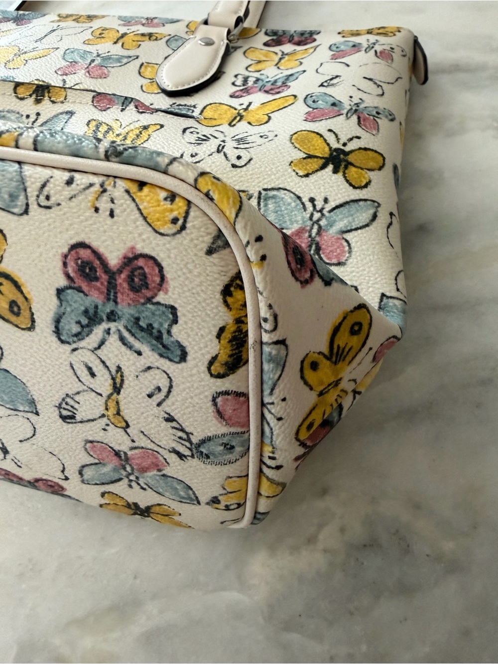 Coach Cream Tote with Yellow and Pale Pink Butterfly Print - Picture 4 of 9